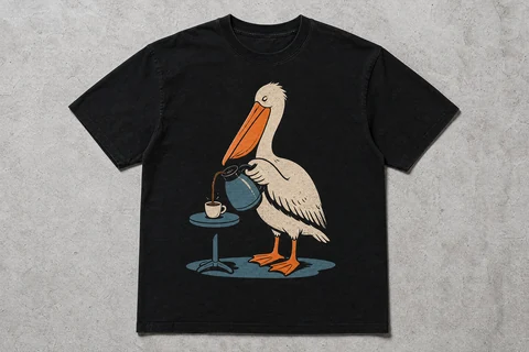 Playful pelican and coffee graphic on a black T-shirt
