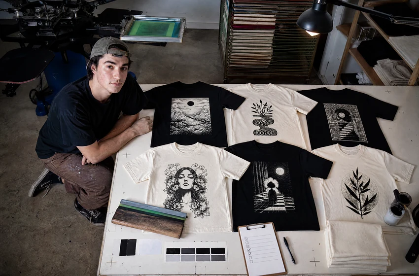 Designer reviewing a coordinated set of graphic T-shirts in a studio