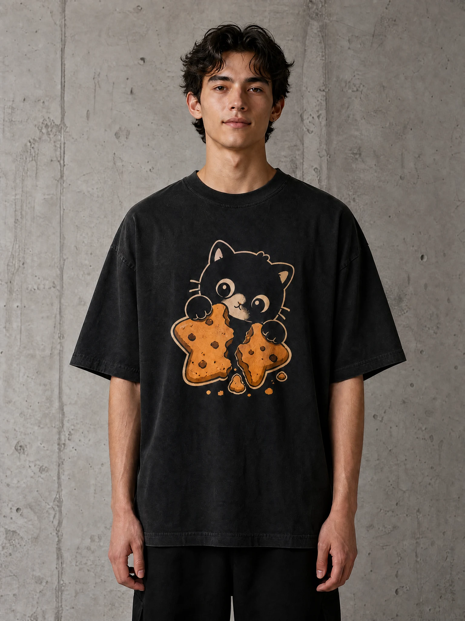 Centered model with a relaxed natural expression wearing a washed black oversized T-shirt with a compact original cat and star-cookie graphic