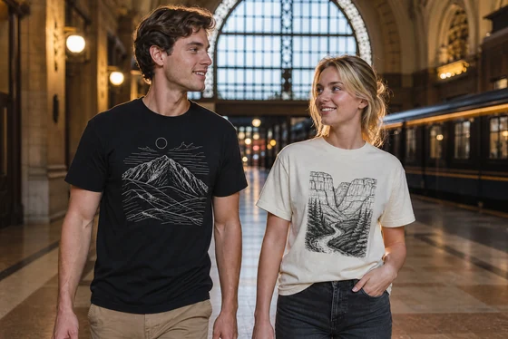 Two white European models wearing classic black and white graphic tees