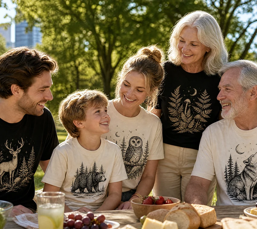 A white European-American multigenerational family wearing coordinated nature graphics