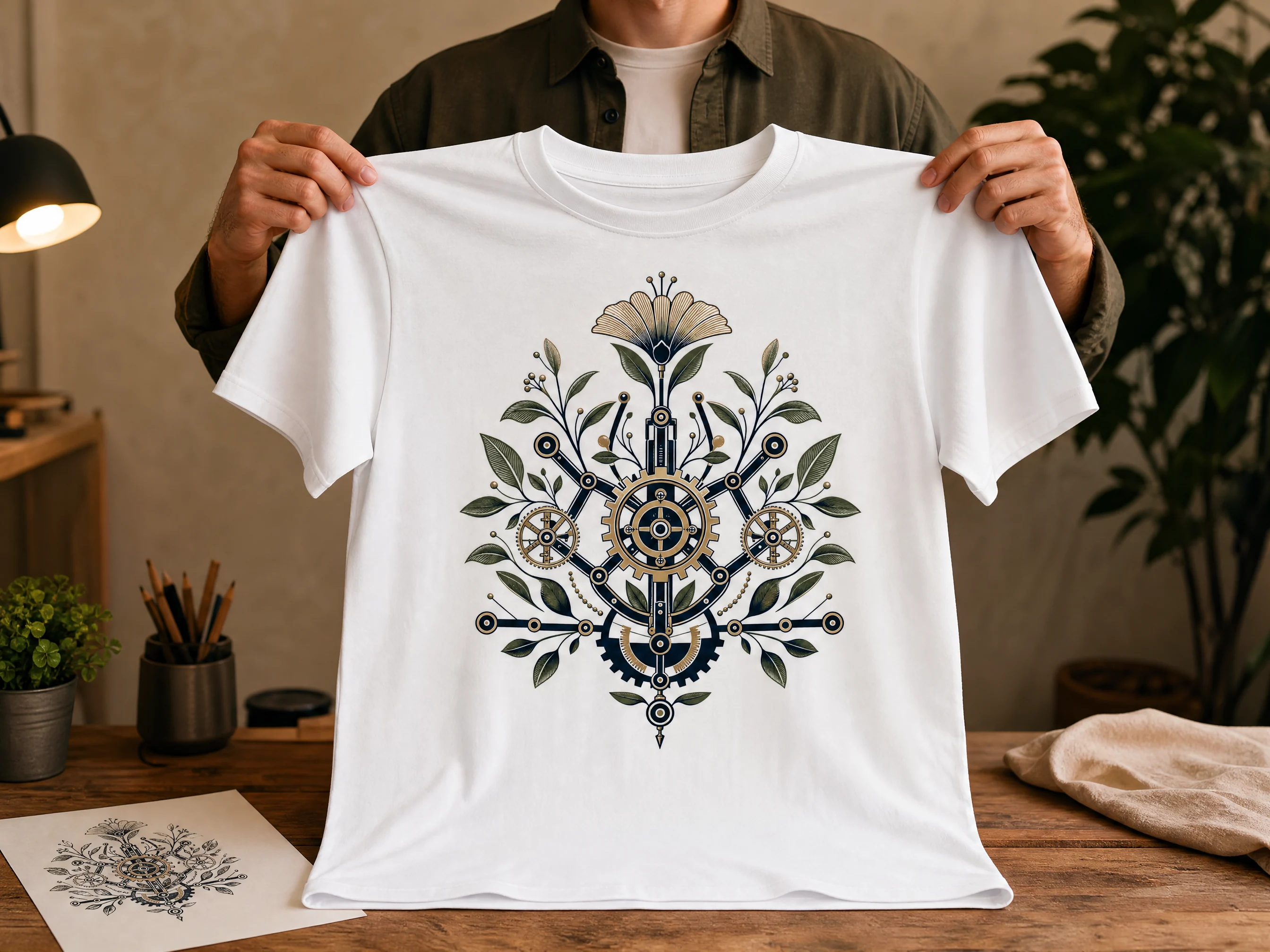 A mechanical botanical reference transformed into a centered print on a white T-shirt
