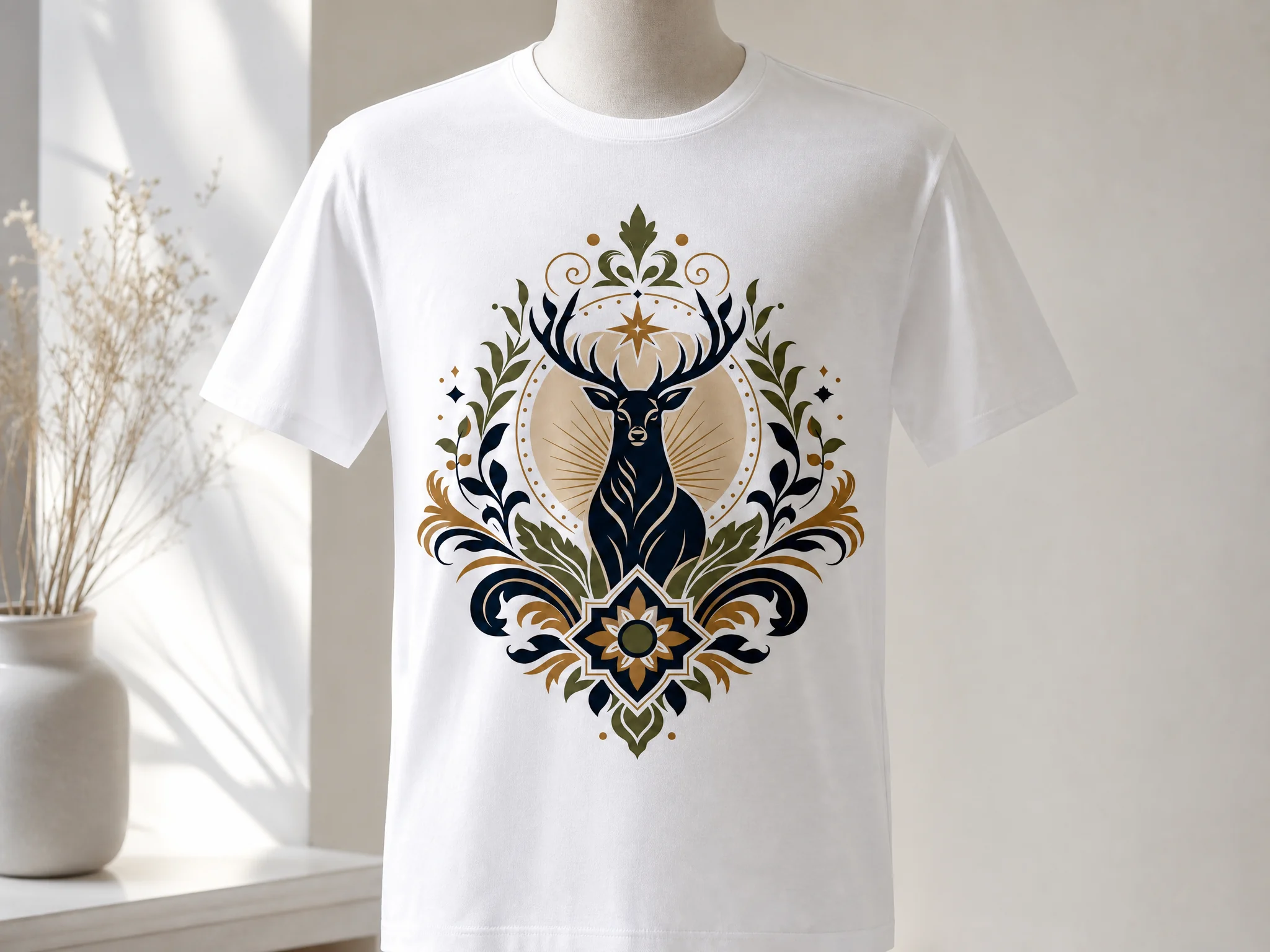A white T-shirt with one bold central deer graphic as the visual focus