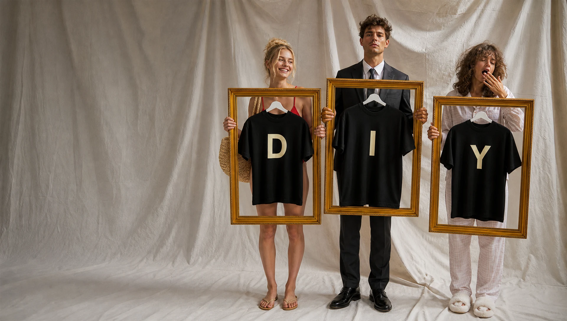 Two young adults wearing original graphic T-shirts in architectural light
