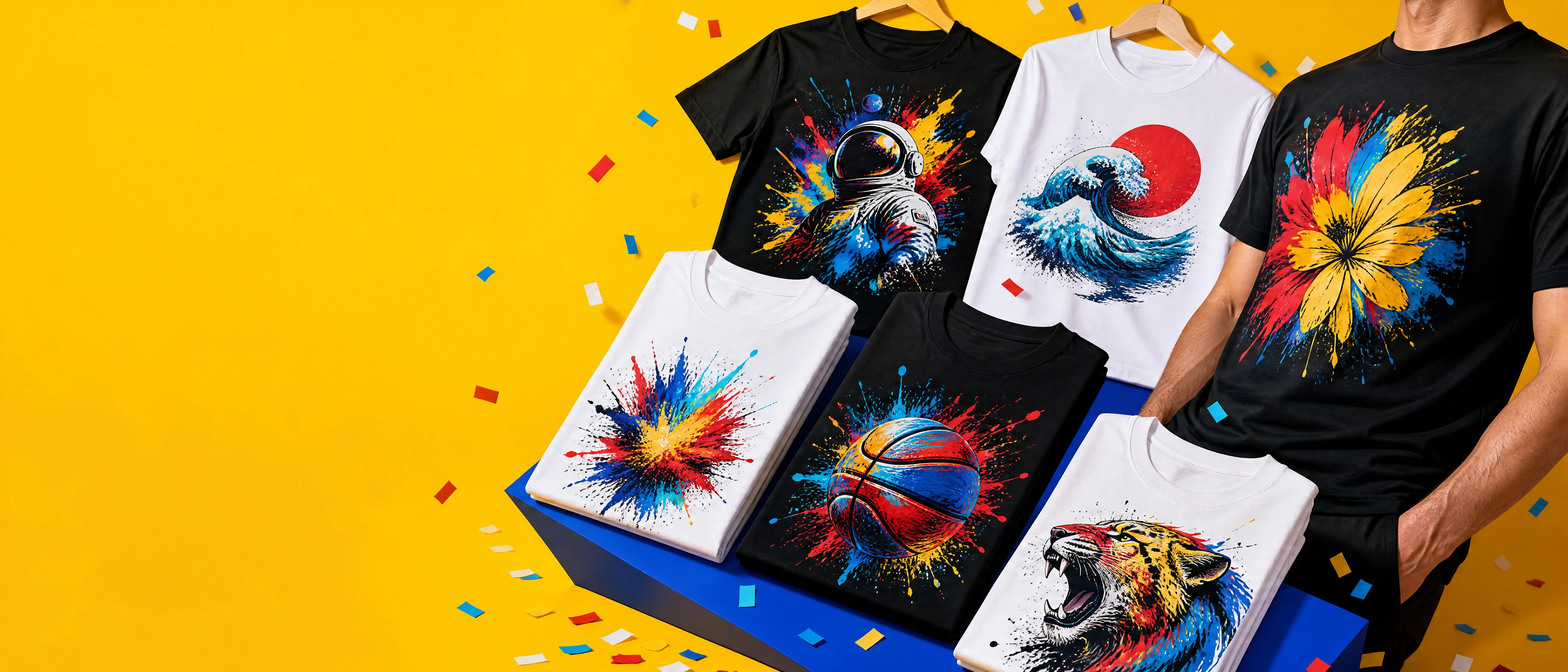 Six black and white custom T-shirts with vivid full-color prints